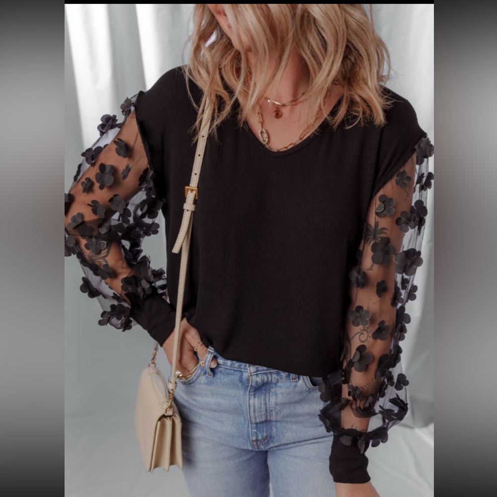 1027. Floral Applique mesh long sleeve blouse black